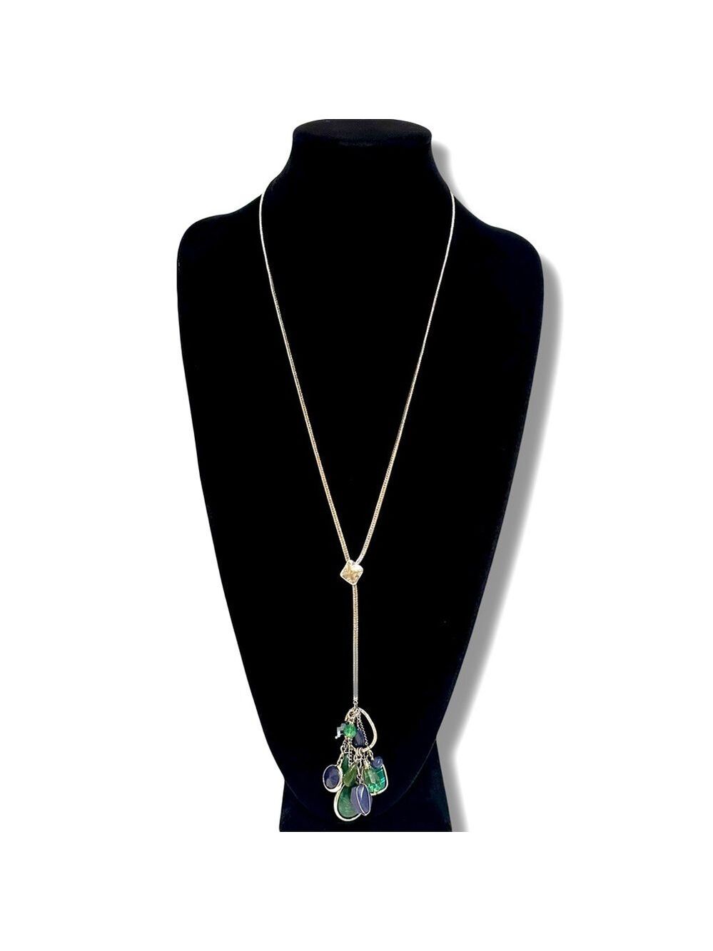 CHICO’s Blue & Malachite Green Gemstone Lariat Silver Charm Necklace | NWOT